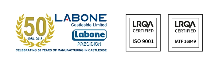 Labone footer images with 50 yrs logo and LRQA cerificates for iso9001 and IAFT 16949